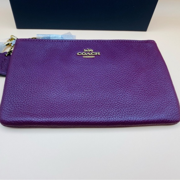 Coach Large Pebble Leather Wristlet Brass Deep Berry (deep red purple) - Picture 5 of 7